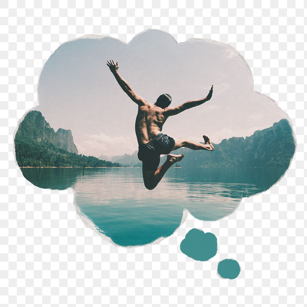 Carefree man png sticker, jumping, speech bubble, travel concept image, transparent background