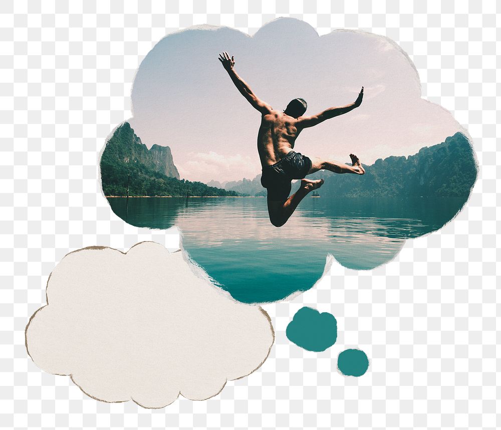 Carefree man png sticker, jumping, speech bubble, travel concept image, transparent background