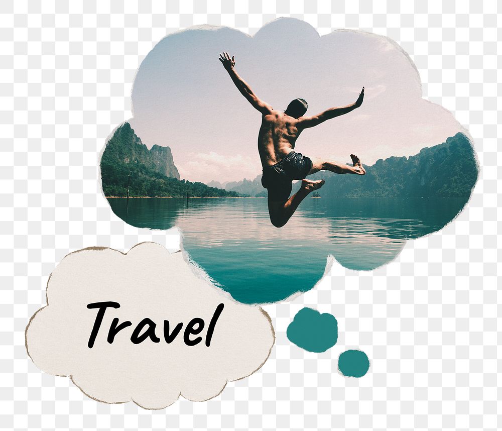 Travel speech bubble, carefree man jumping by a lake image, transparent background