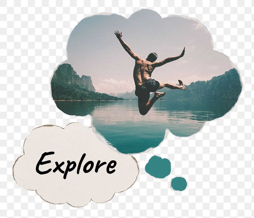 Explore speech bubble, carefree man jumping by a lake image, transparent background