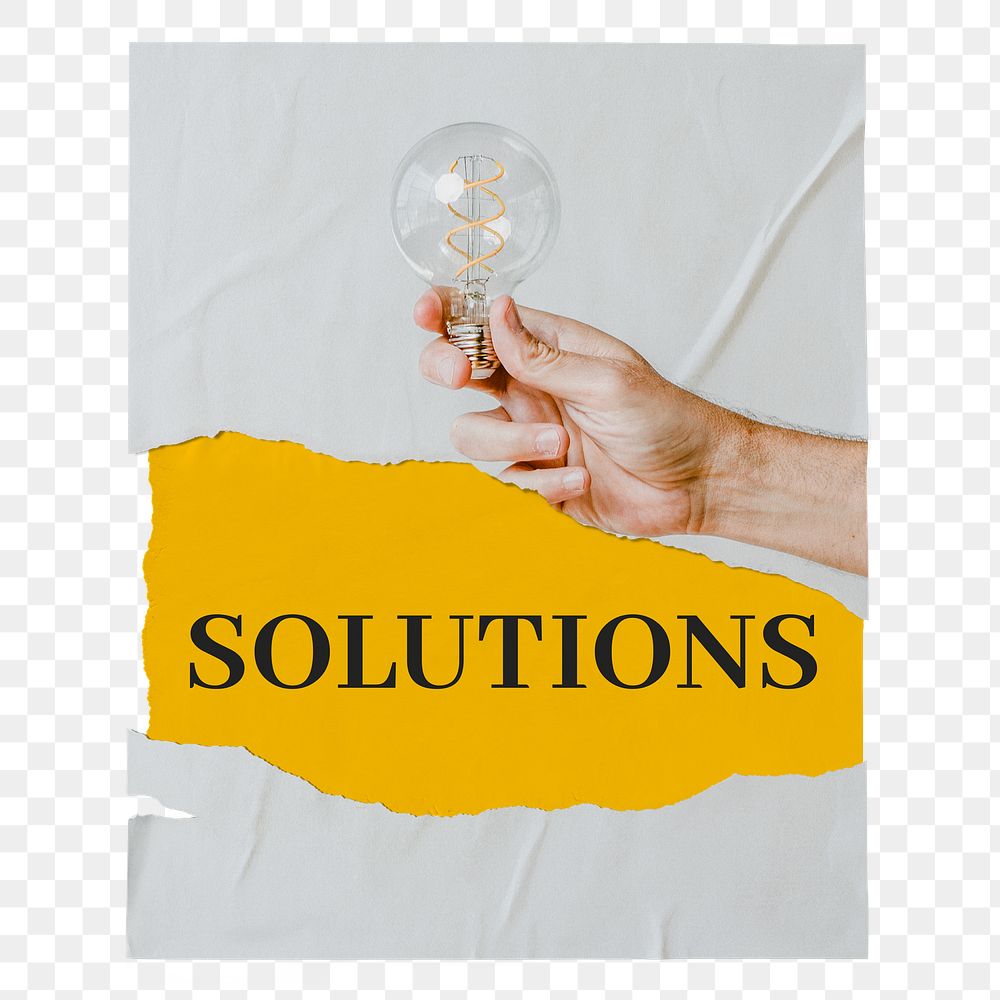 Solutions png poster, light bulb image, ripped paper on transparent background