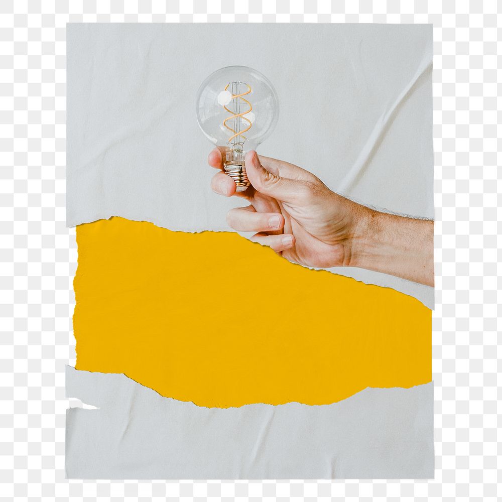 Light bulb png poster, creativity image, ripped paper on transparent background