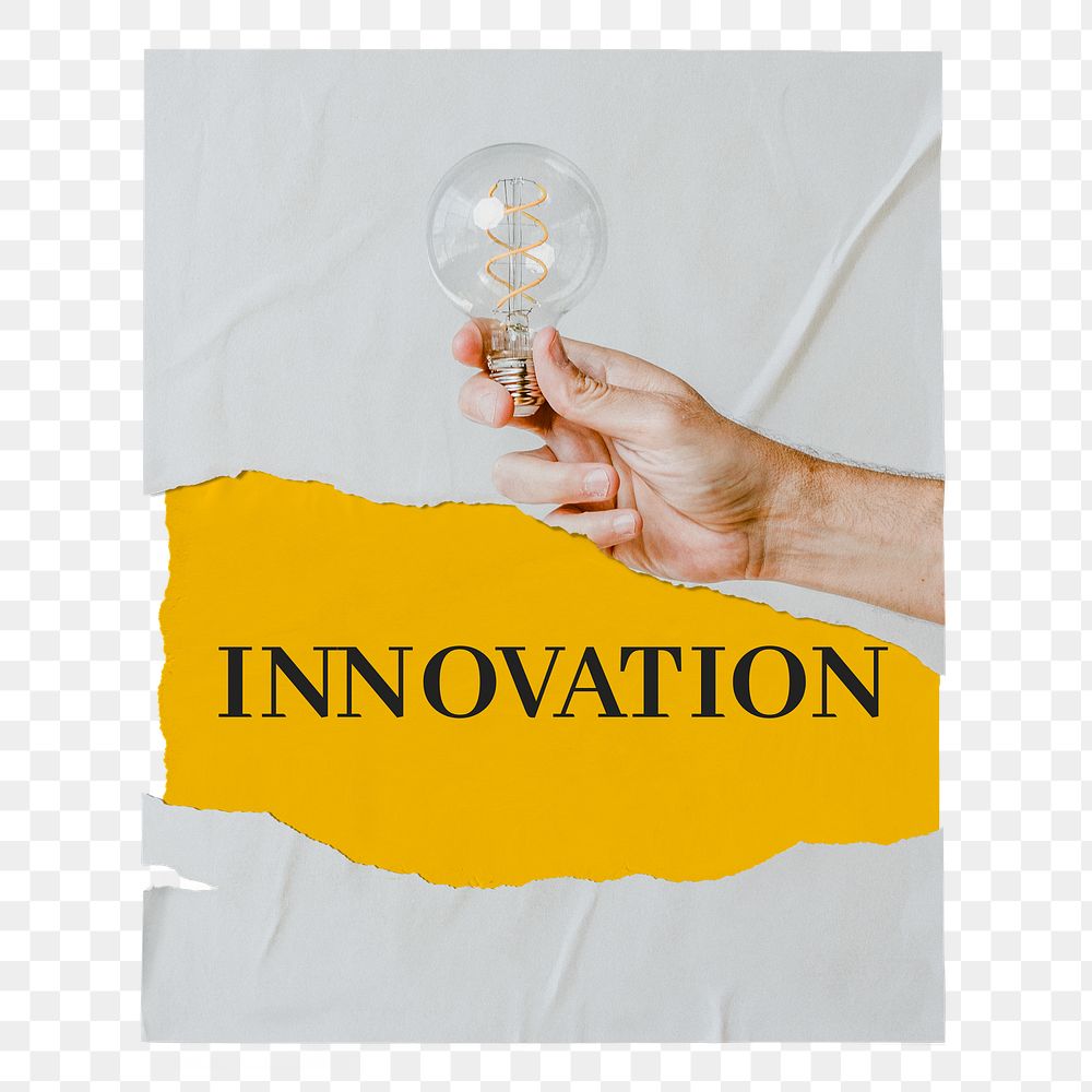 Innovation png poster, light bulb image, ripped paper on transparent background