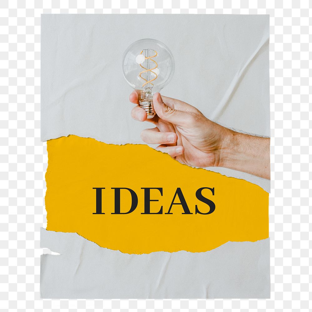 Ideas png poster, light bulb image, ripped paper on transparent background