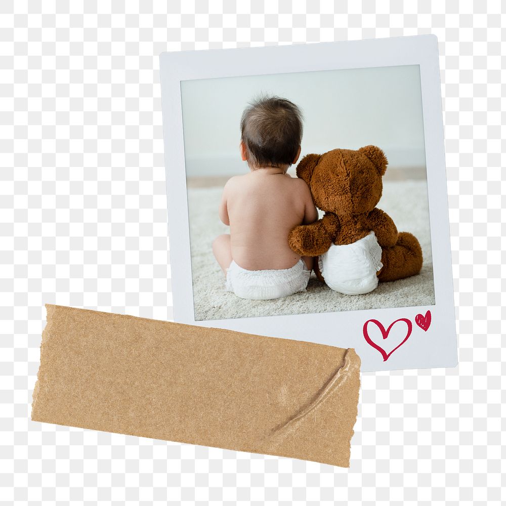 Png baby with teddy bear instant photo, friendship image on transparent background