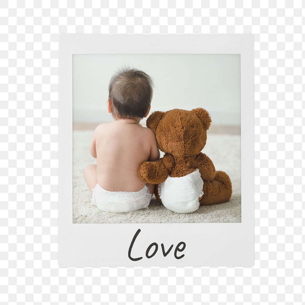 Love png instant photo, baby sitting with teddy bear on transparent background