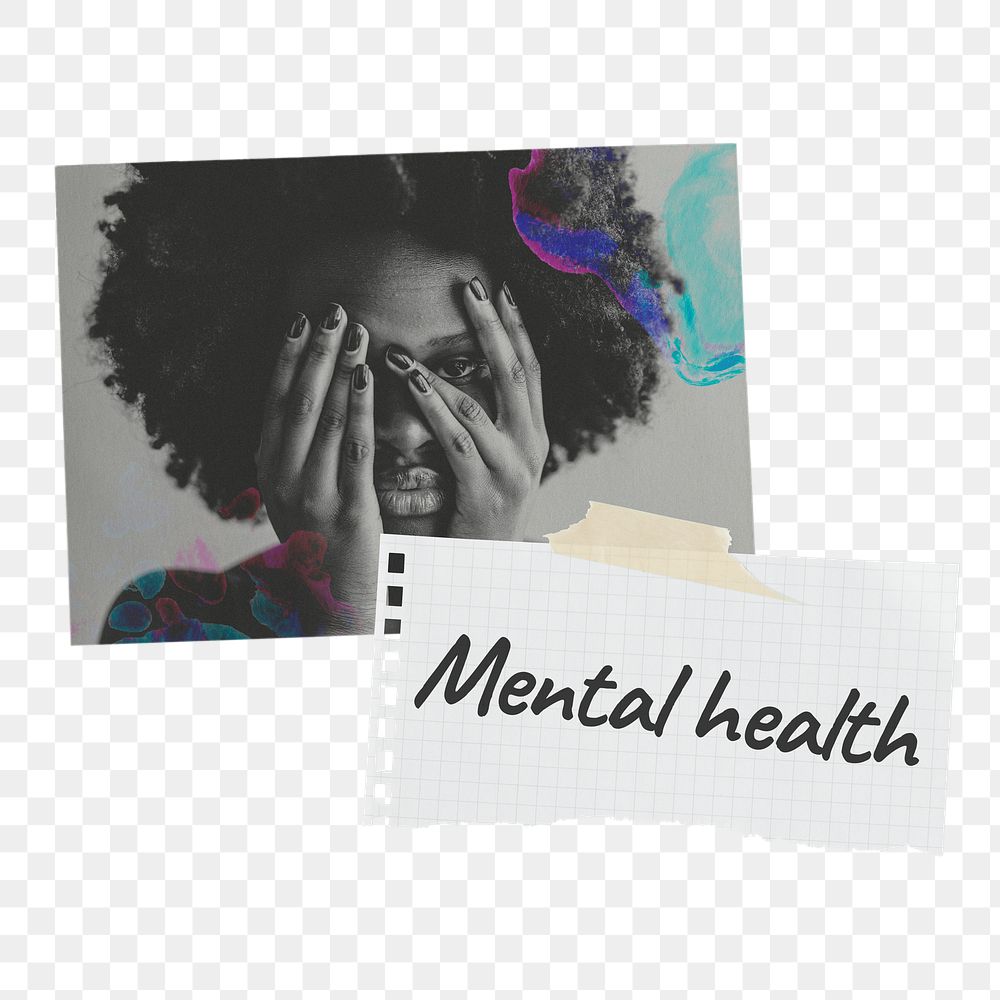 Mental health png paper collage, wellness concept with woman covering face image on transparent background