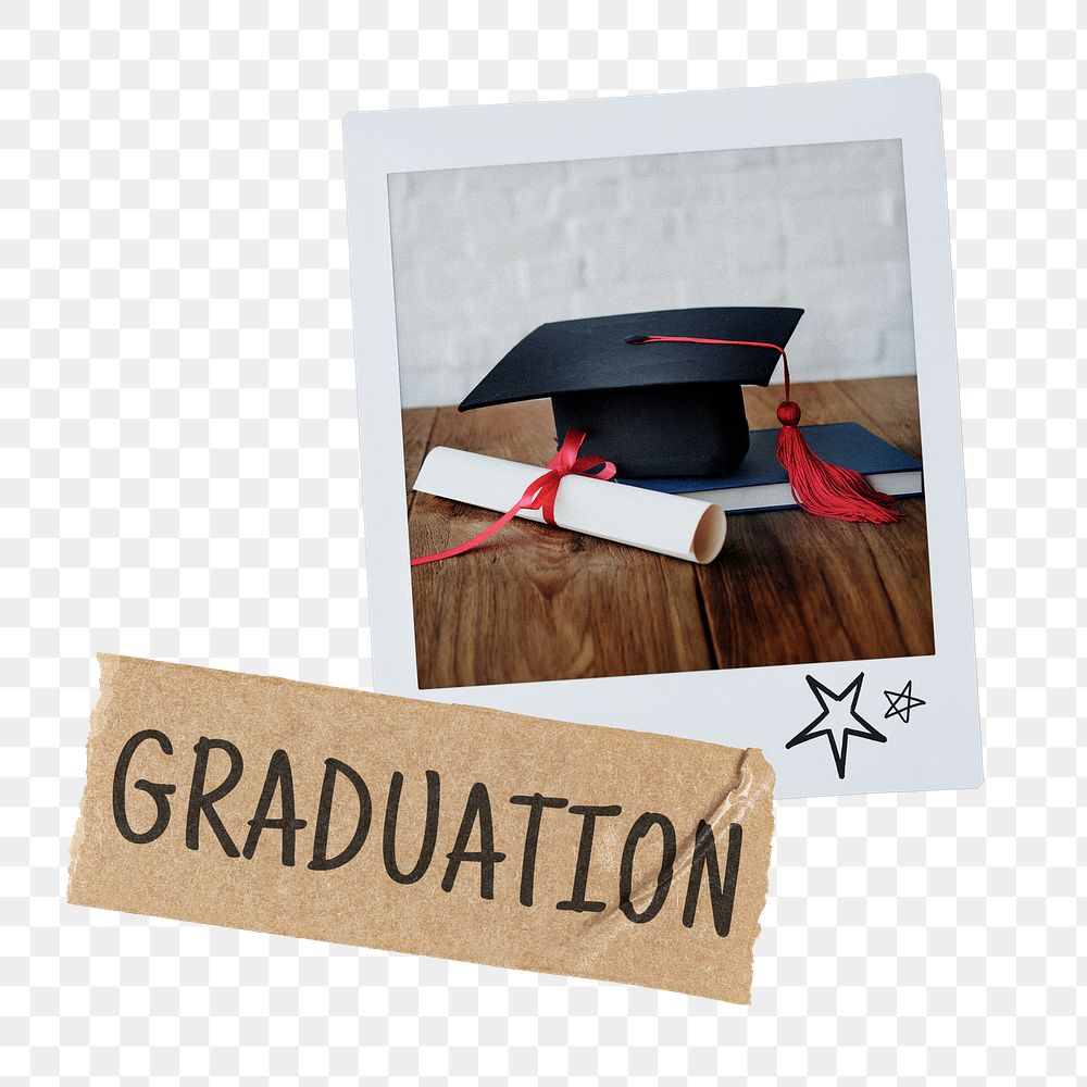 Graduation cap png, scroll instant photo on transparent background