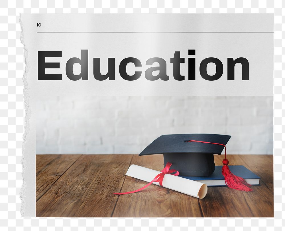 Education png newspaper, graduation cap, scroll image on transparent background