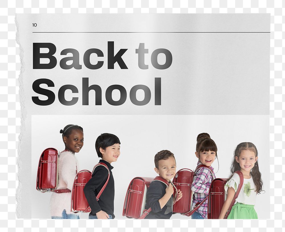 Png back to school newspaper, elementary students image on transparent background