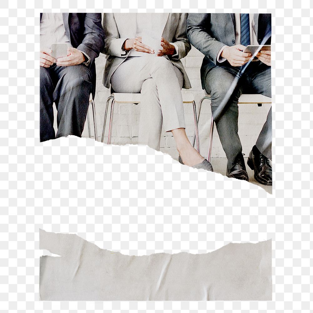 Png business people sitting poster, ripped paper on transparent background