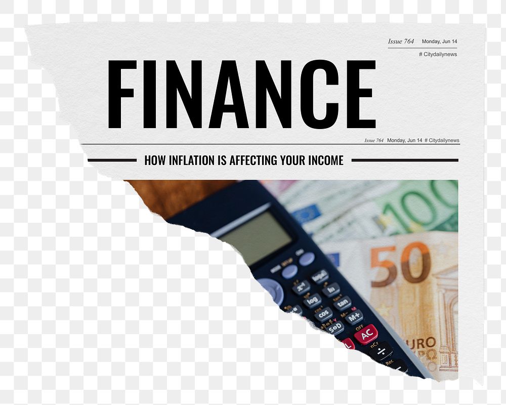 Finance newspaper png sticker, money inflation concept, ripped paper on transparent background