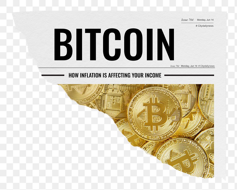 Bitcoin newspaper png sticker, cryptocurrency concept, ripped paper on transparent background
