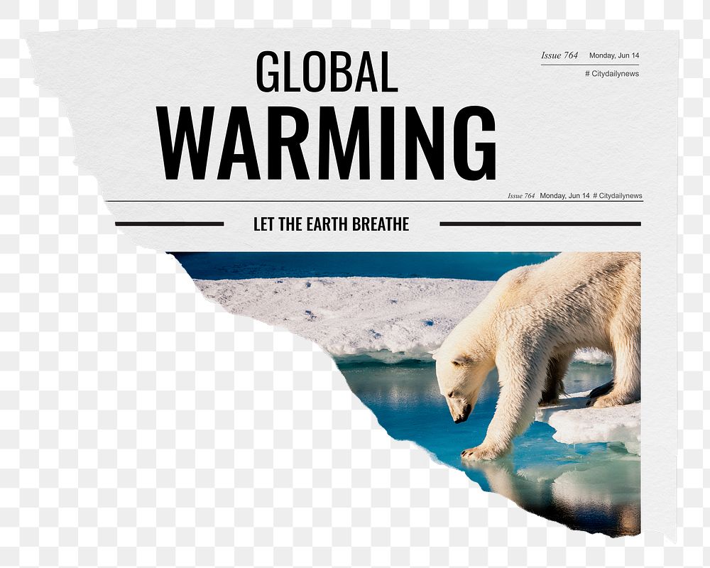 Global warming png ripped newspaper sticker, polar bear walking on ice image, transparent background