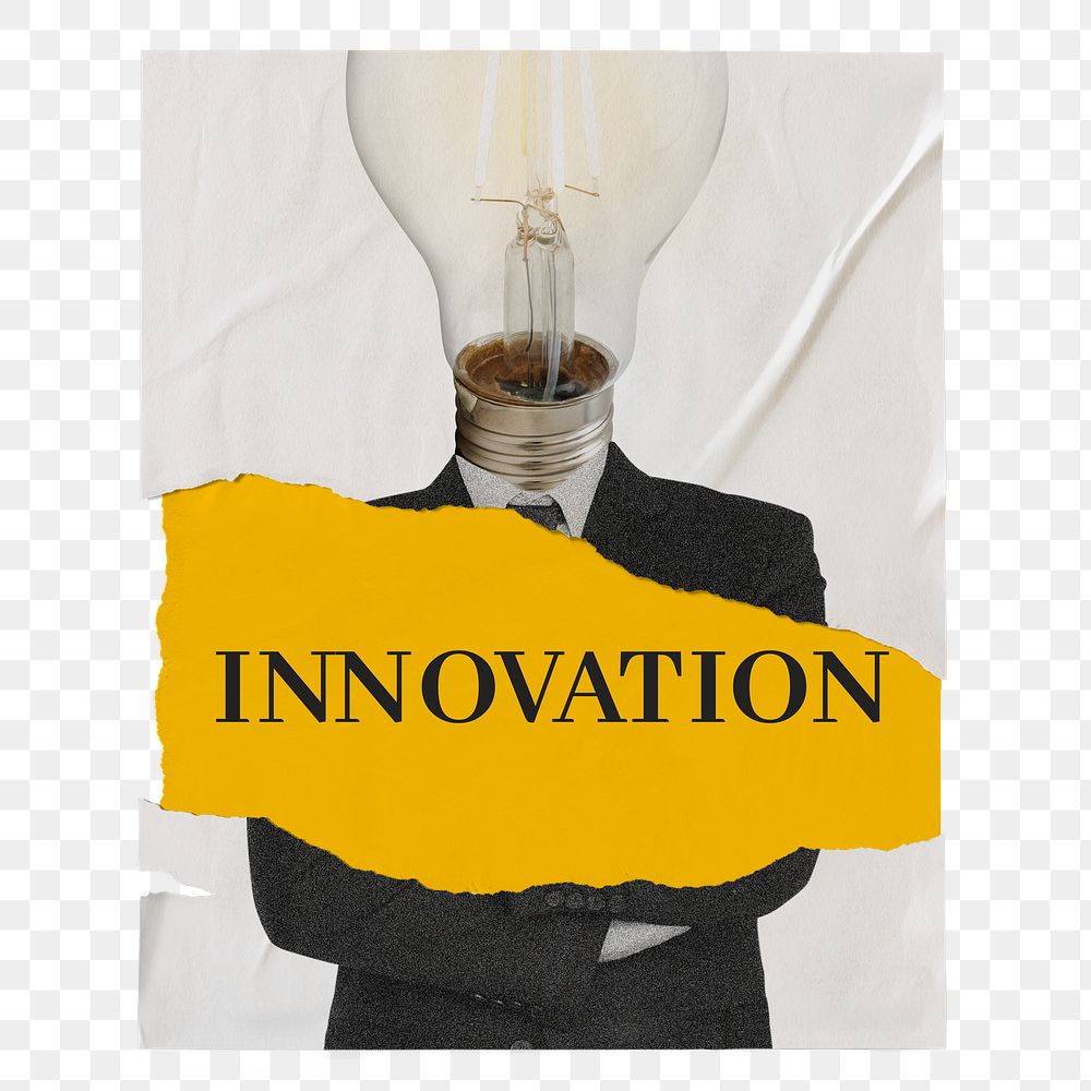 Business innovation png poster, light bulb, ripped paper design on transparent background