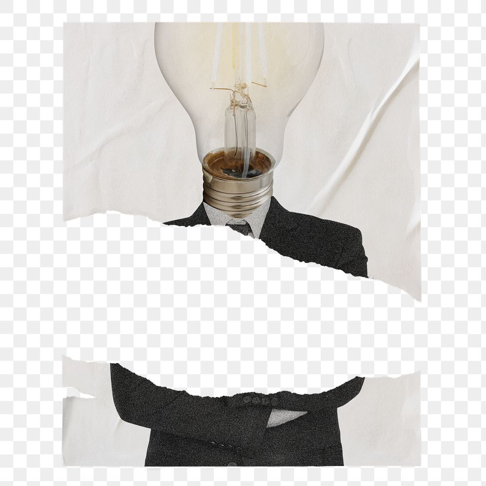 Bulb head png poster, business ideas, ripped paper design on transparent background