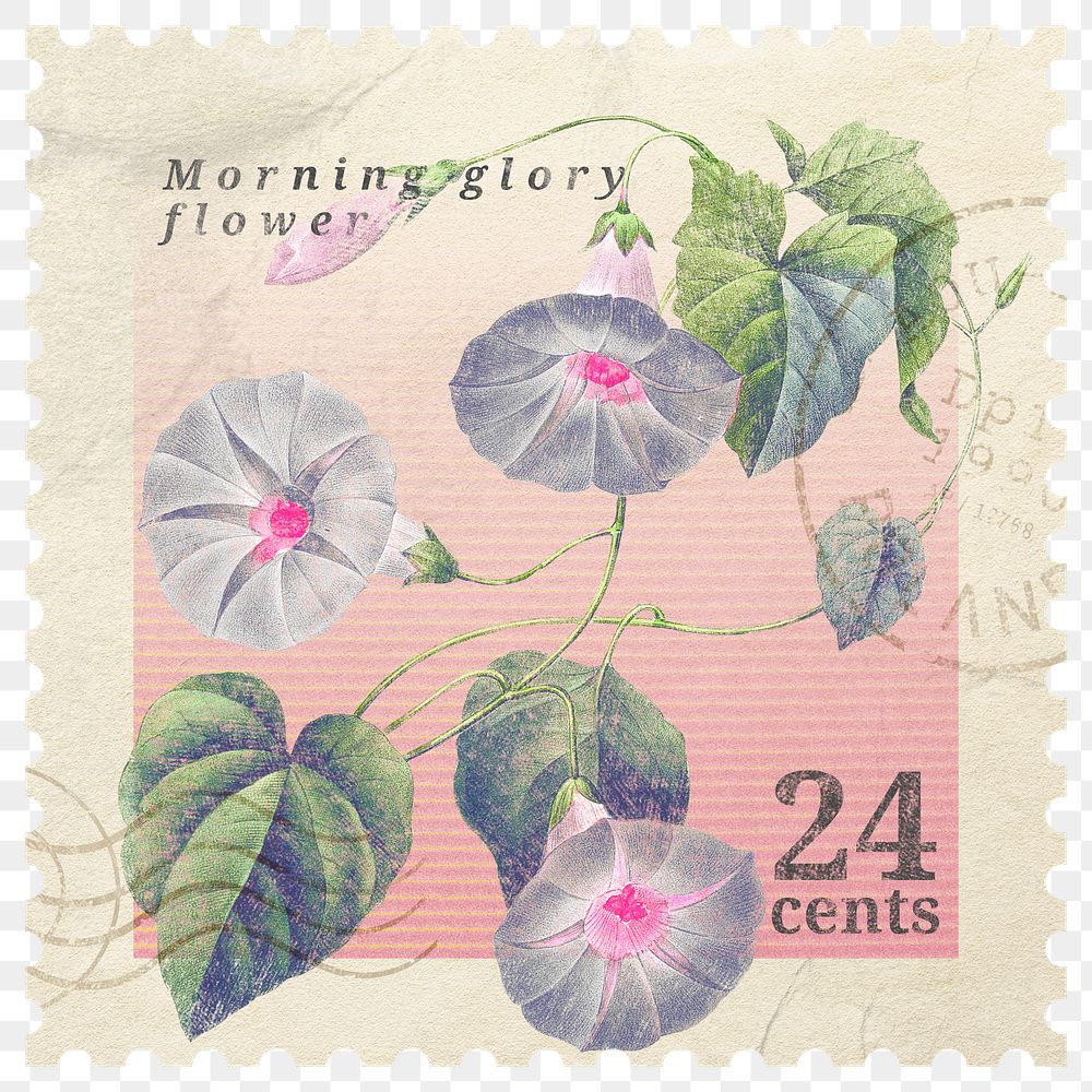 Png flower postage stamp sticker, ephemera graphic, transparent background