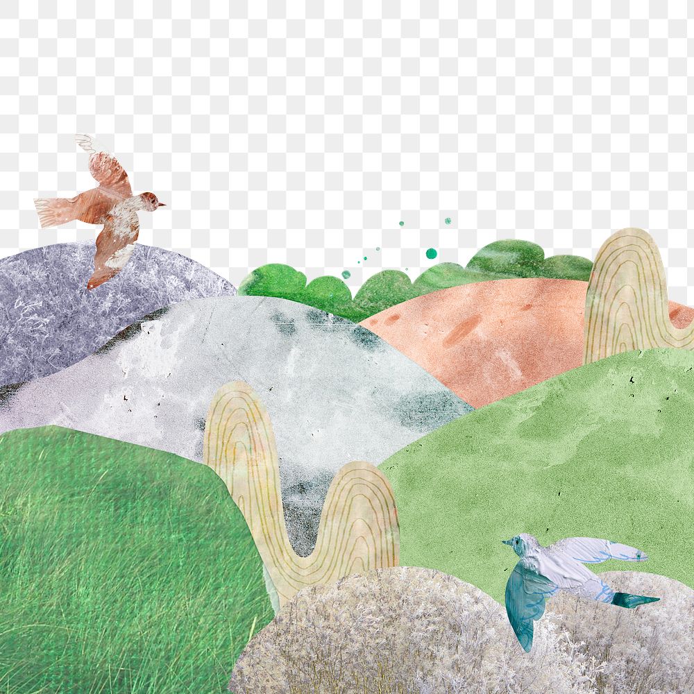 Watercolor landscape png transparent background, nature paper collage