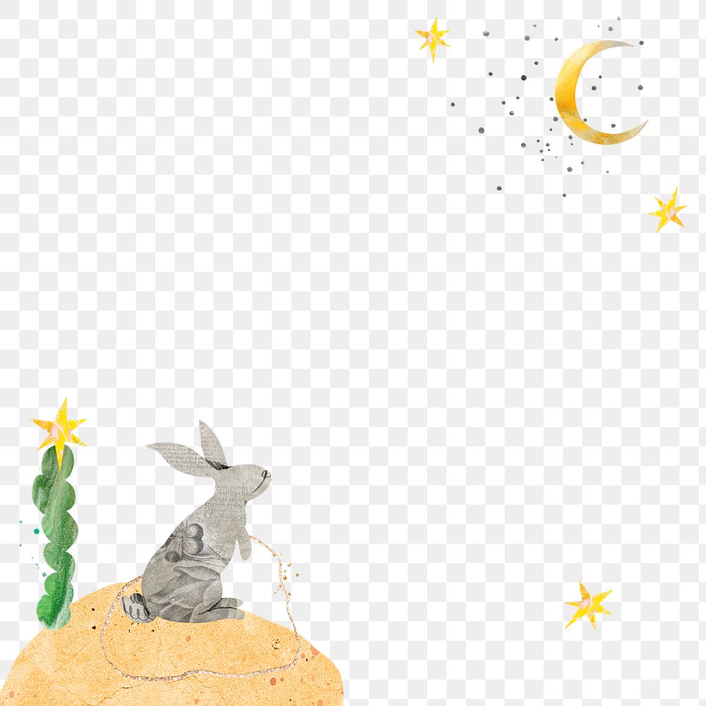 Rabbit moon png border, transparent background, galaxy paper collage