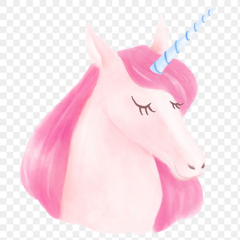 Png cute unicorn head sticker, watercolor design in transparent background