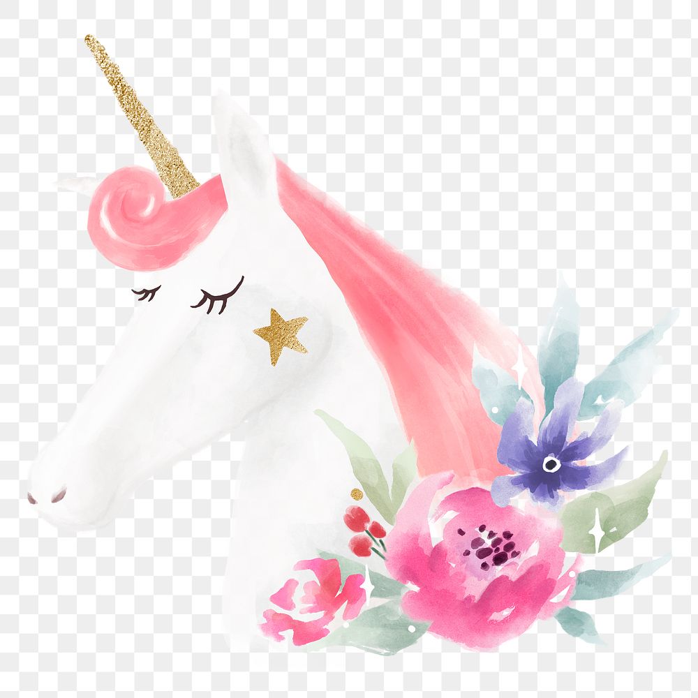 Png cute unicorn head sticker, watercolor design in transparent background