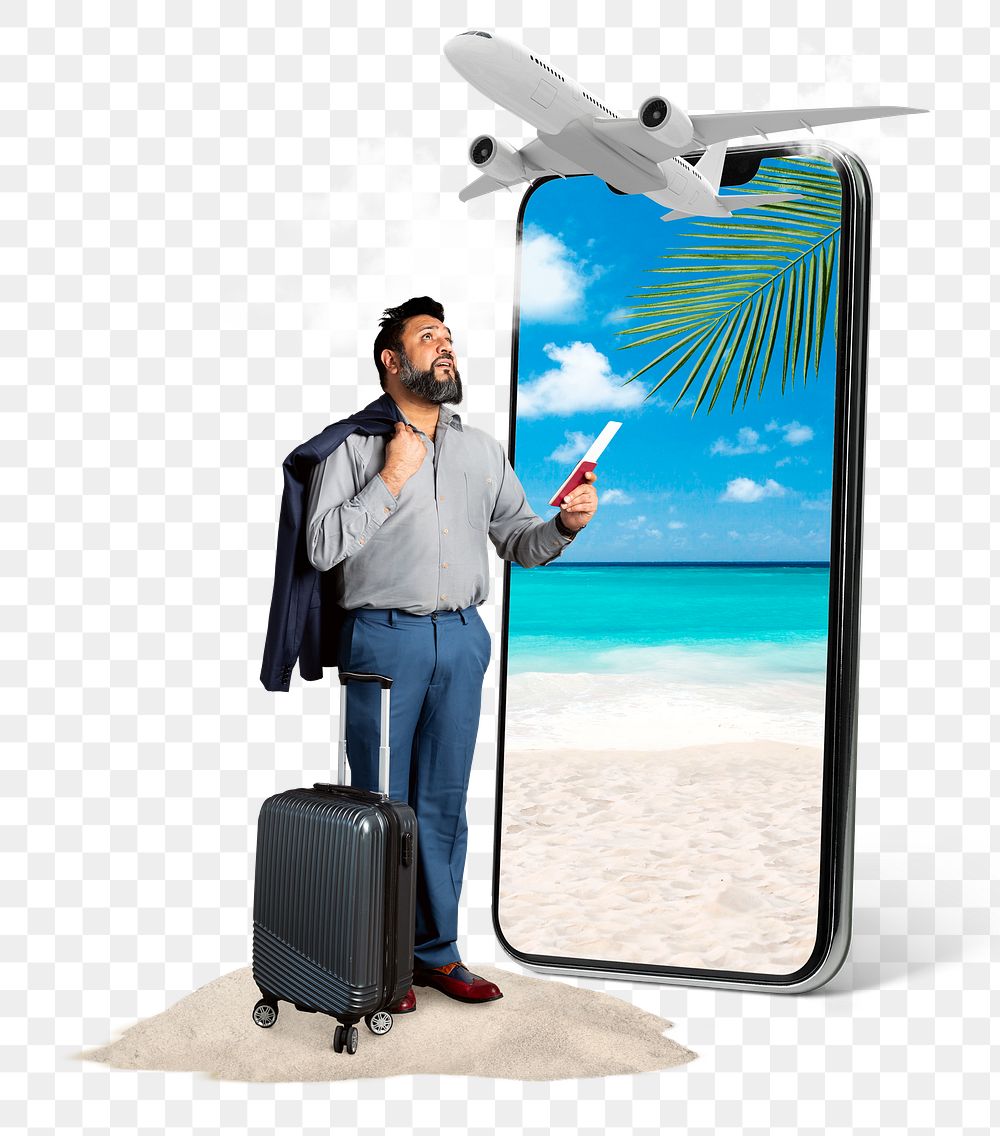 Png businessman on vacation, summer travel online ad, transparent background