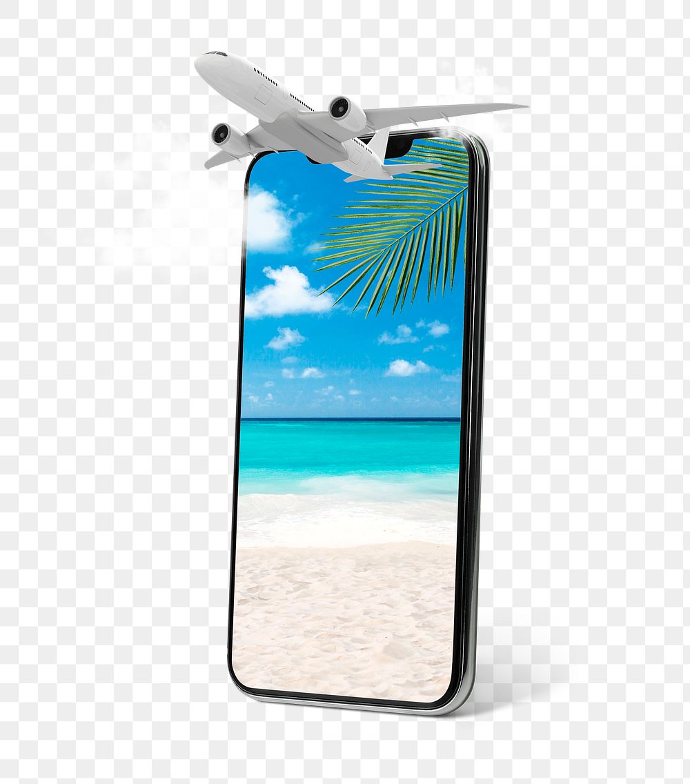 Png summer beach on phone screen, travel agency ad, transparent background