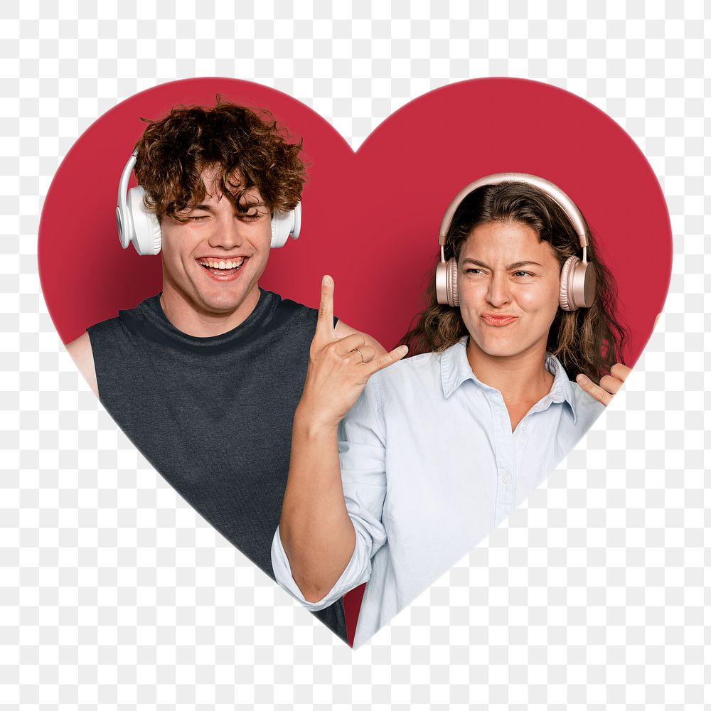 Png couple listening to music, heart sticker, transparent background