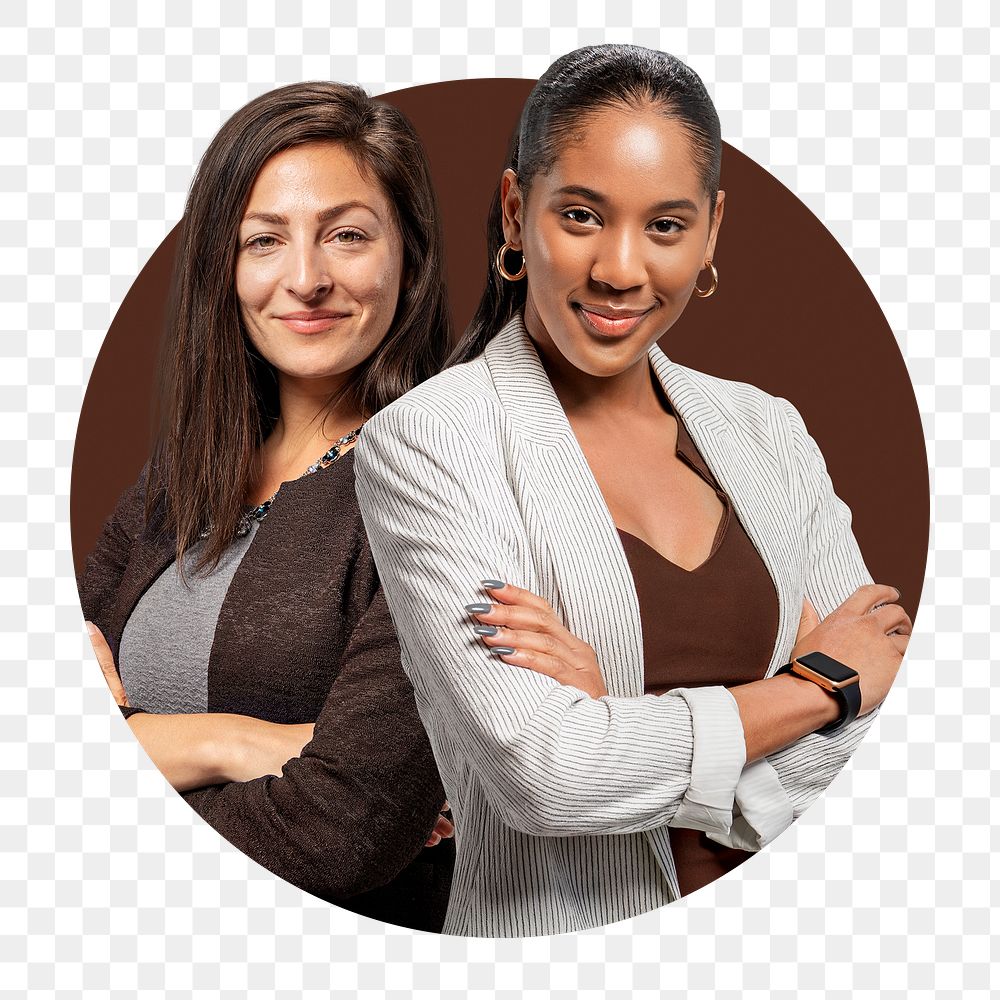 Png female business partners badge sticker, transparent background