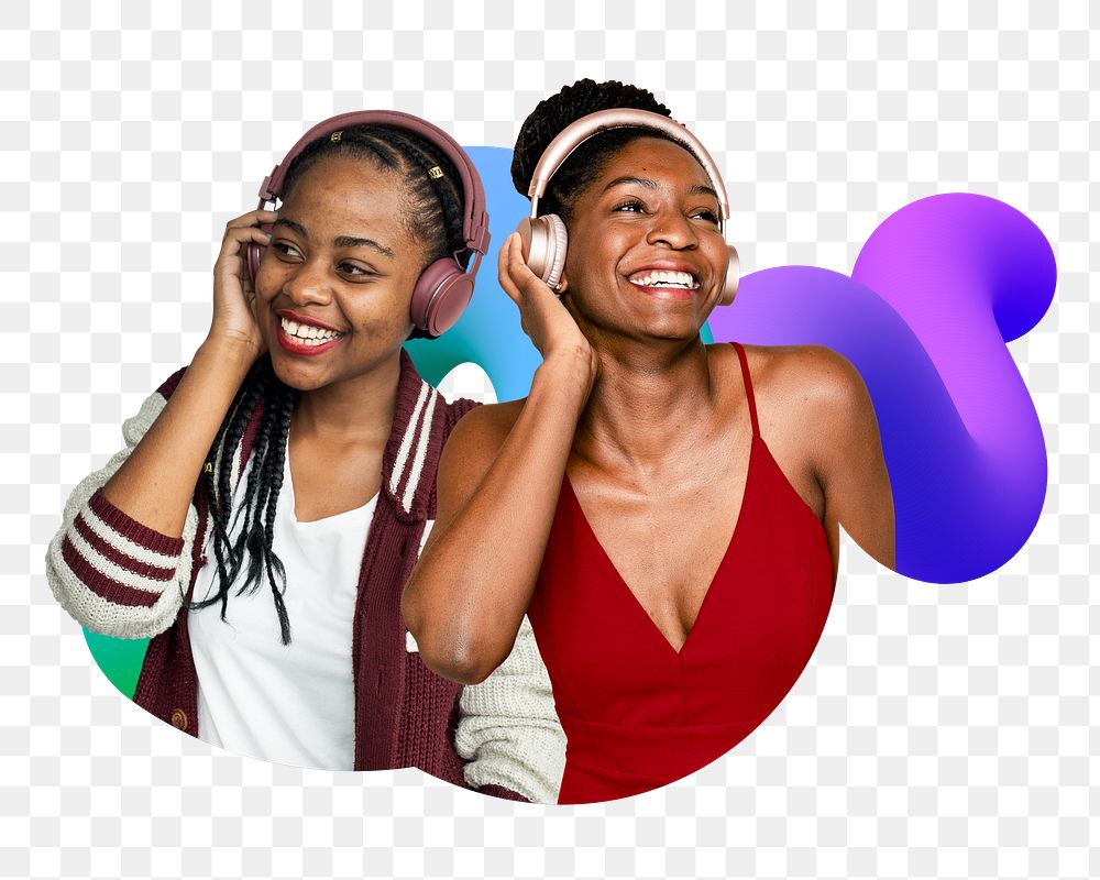 Png women with headphones badge sticker, transparent background
