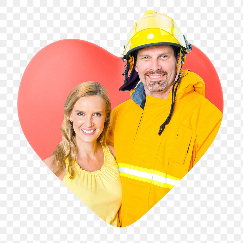 Fireman with wife png badge sticker, transparent background