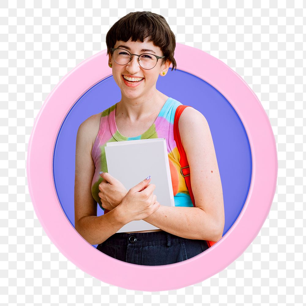 Smiling student png badge sticker, transparent background