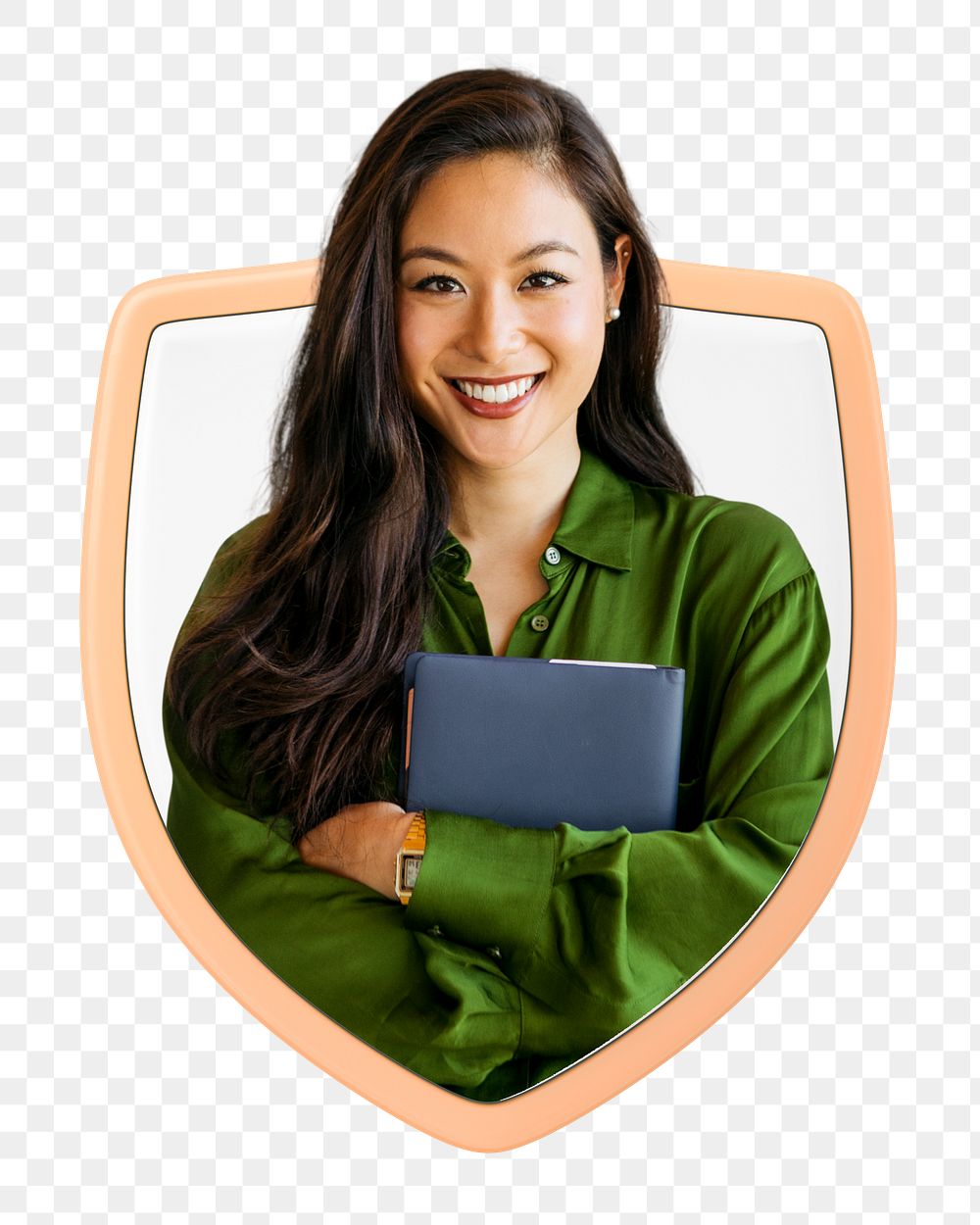 Confident Asian woman png badge sticker, transparent background