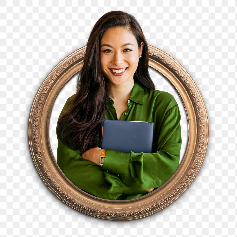 Confident Asian woman png picture frame sticker, transparent background