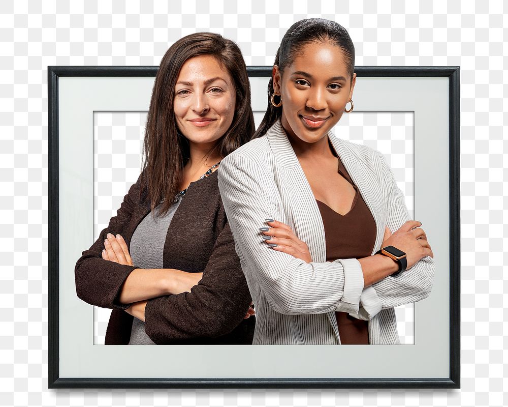 Png female business partners badge sticker, transparent background