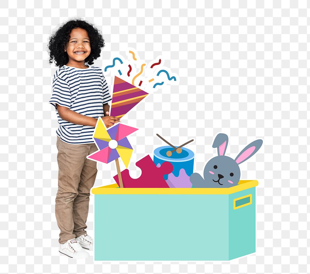Kid with toys png sticker, transparent background