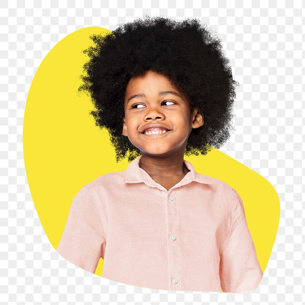 African kid png badge sticker, happy face photo in blob shape, transparent background