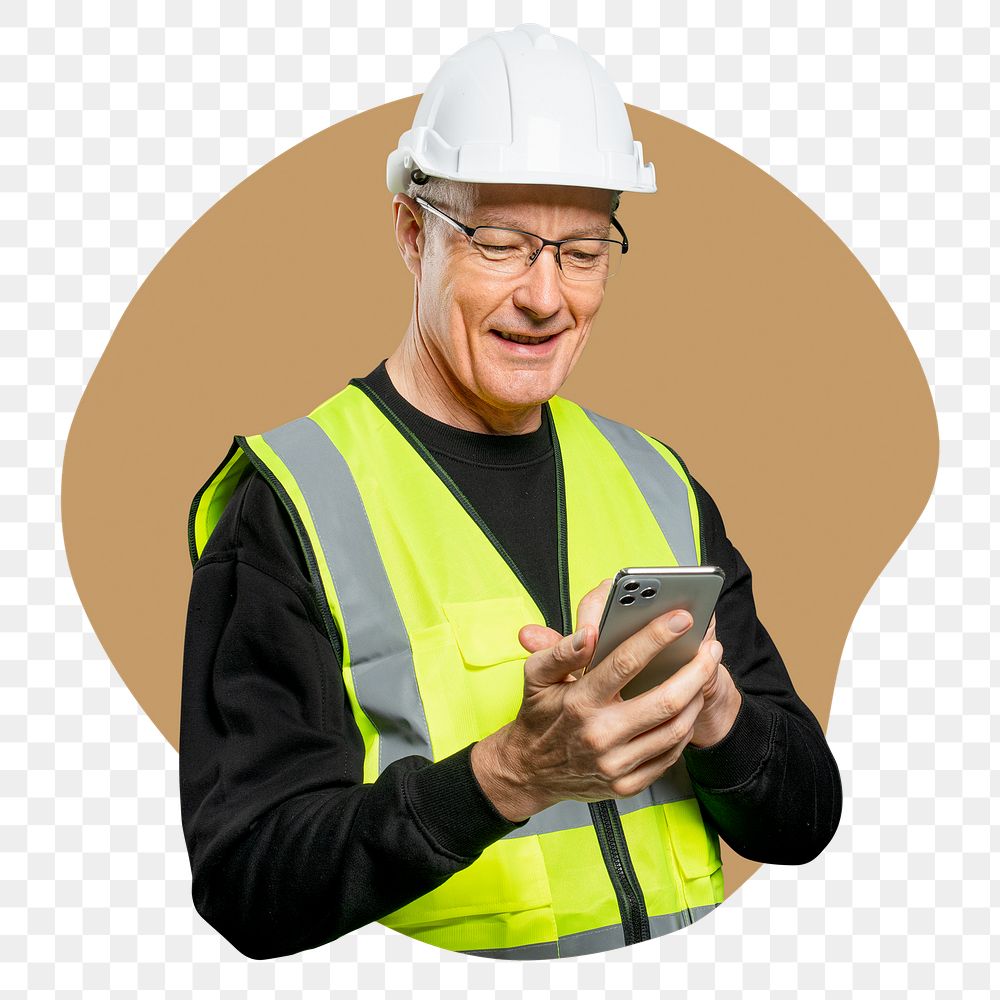Png engineer using phone badge sticker, career photo in blob shape, transparent background