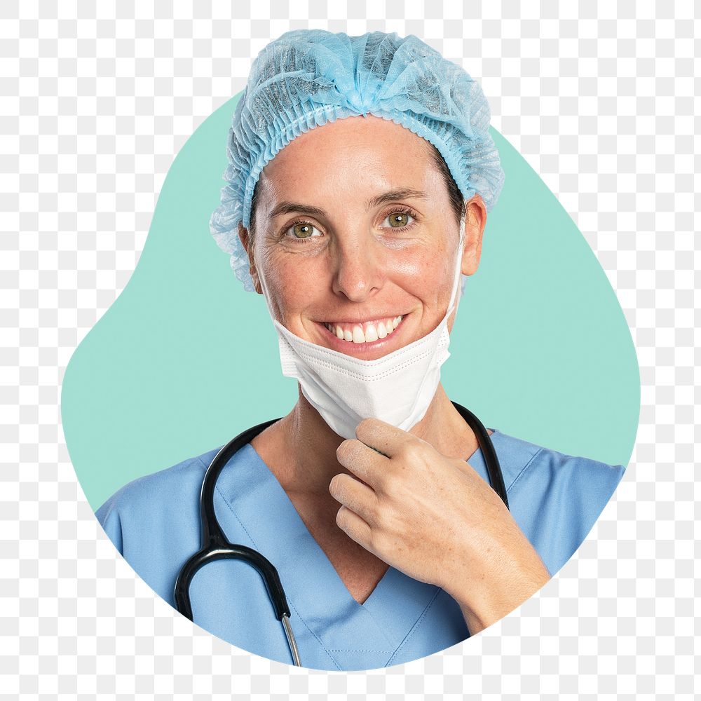 Female doctor png badge sticker, medical photo in blob shape, transparent background