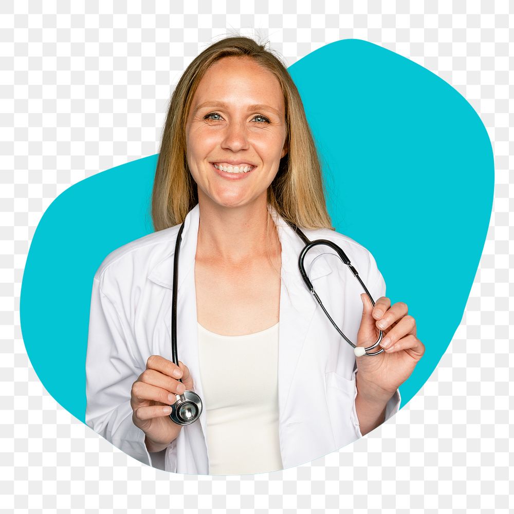 Female doctor png badge sticker, physician photo in blob shape, transparent background
