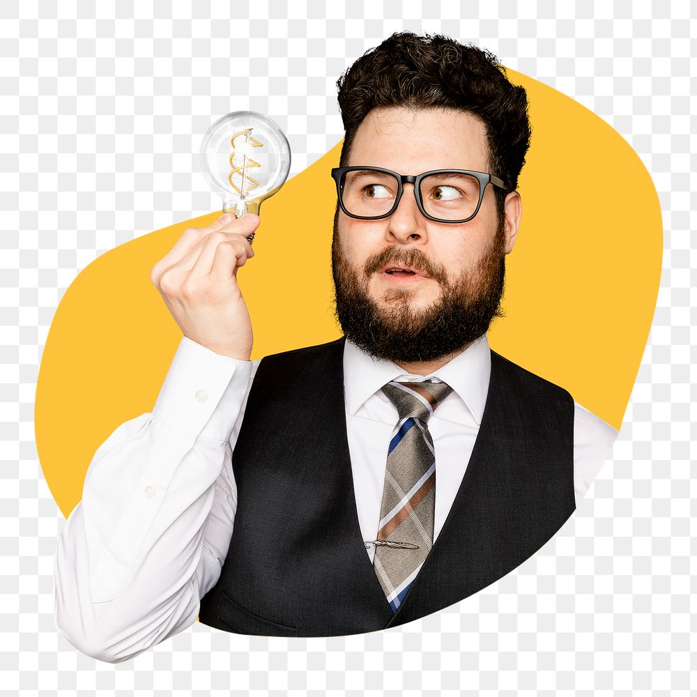 Smart idea png badge sticker, man photo in blob shape, transparent background