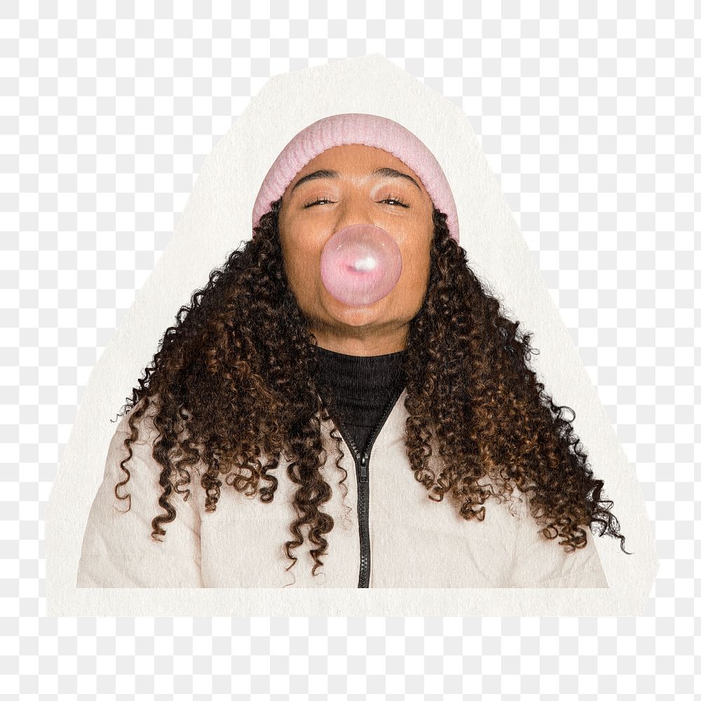 Woman with bubblegum png paper cut out sticker, transparent background