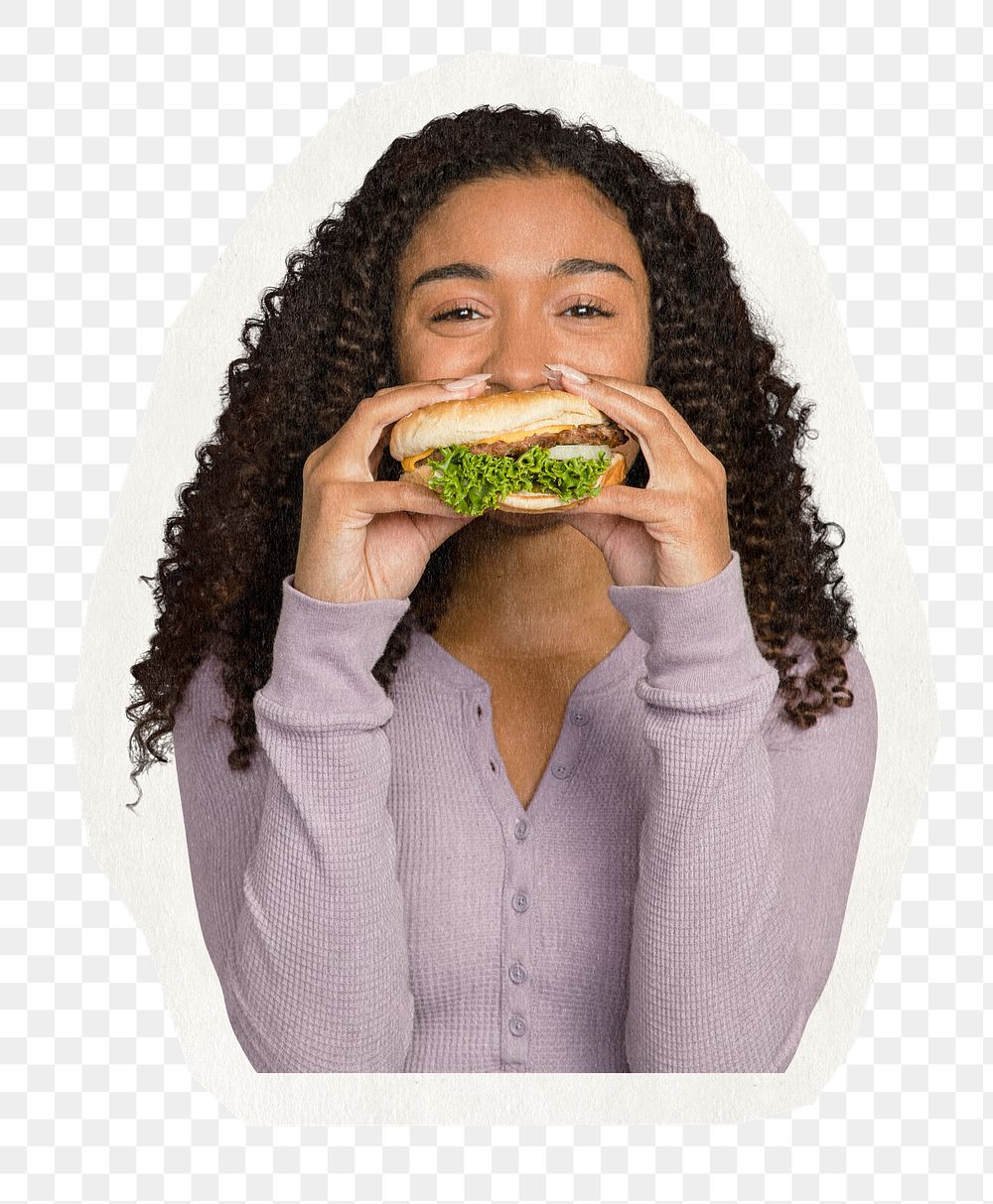 Woman eating hamburger png collage element, transparent background 
