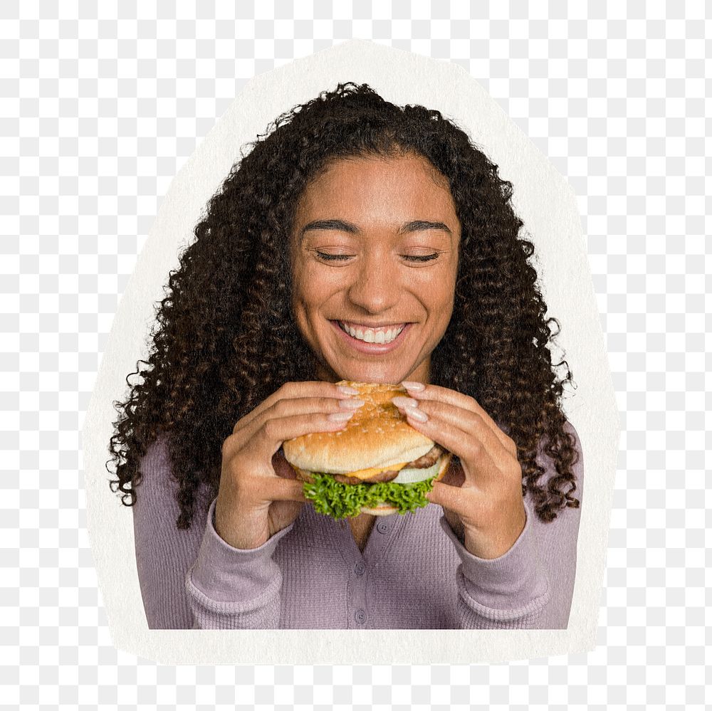 Woman eating hamburger png collage element, transparent background 