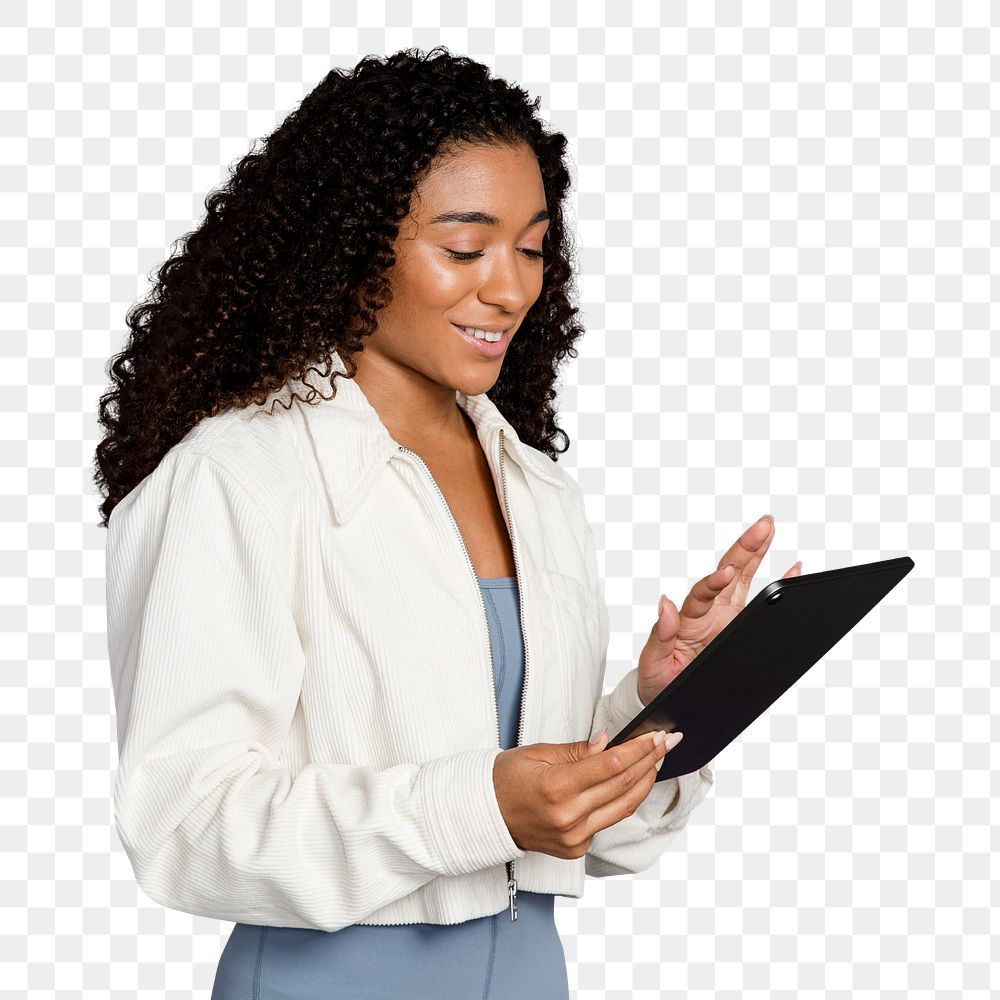 Woman using tablet png sticker, transparent background