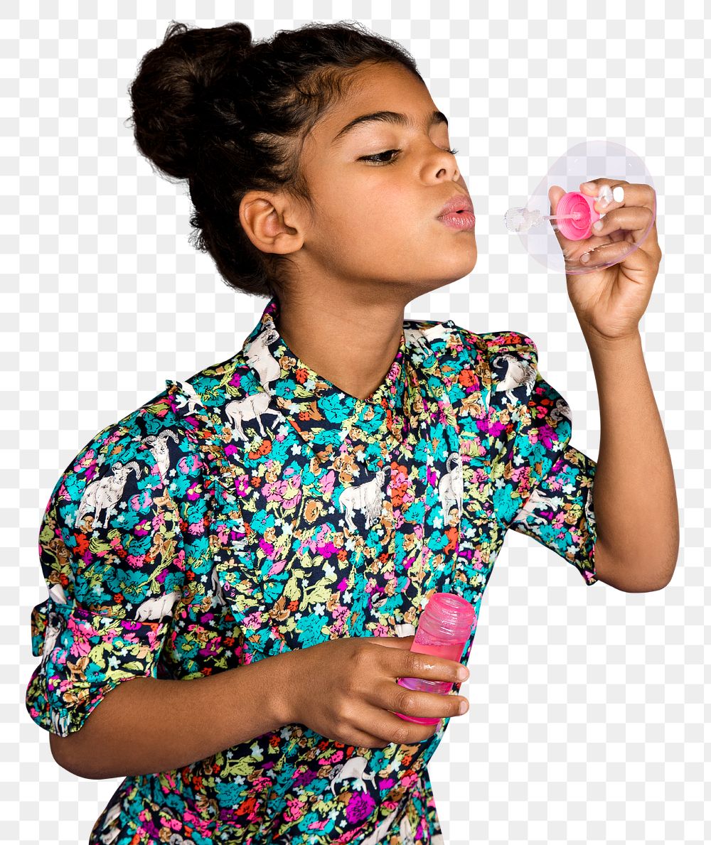 Png girl blowing soap bubbles sticker, transparent background