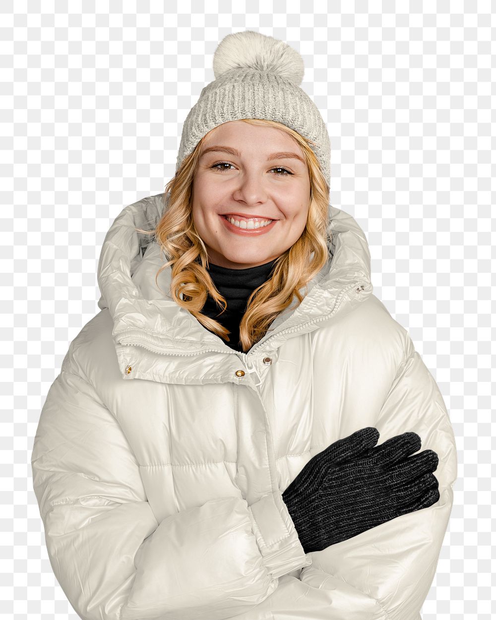 Woman in puffer jacket png sticker, transparent background