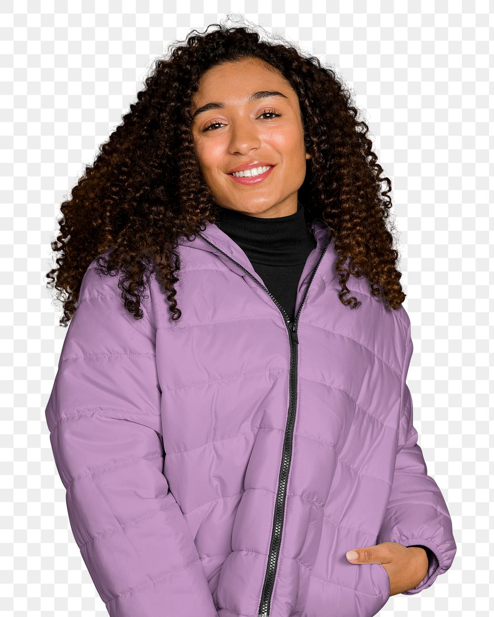 Png woman in down jacket sticker, transparent background