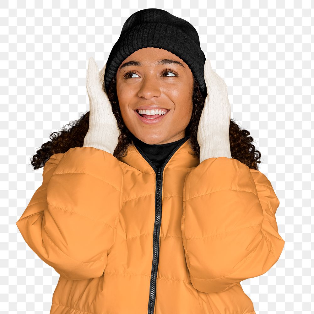 Png woman in down jacket sticker, transparent background