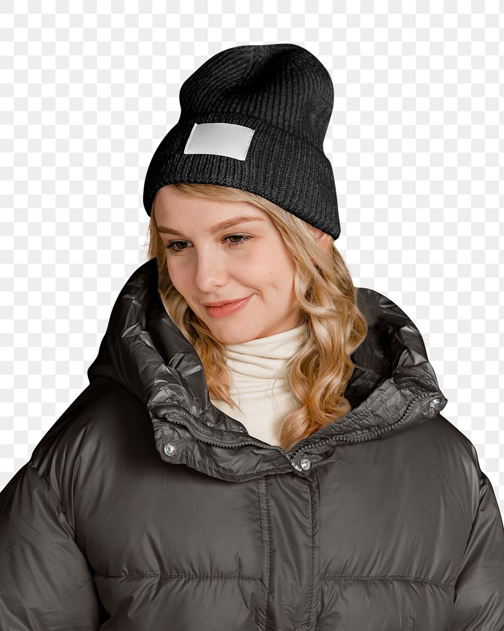 Woman in puffer jacket png sticker, transparent background